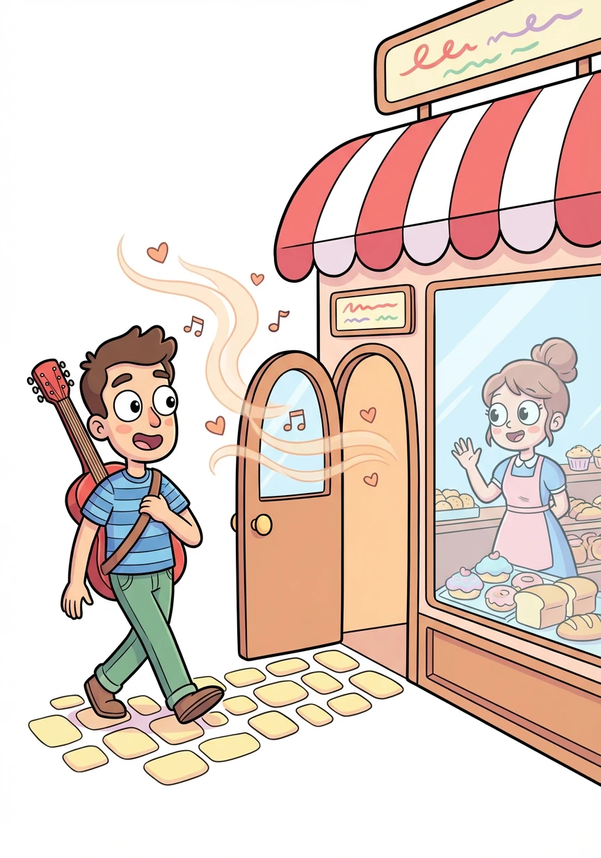 Francis, a musician with a bright red guitar, walks past Cadence's bakery, his melody drifting through the open door. He pauses, drawn in by the sweet aroma.