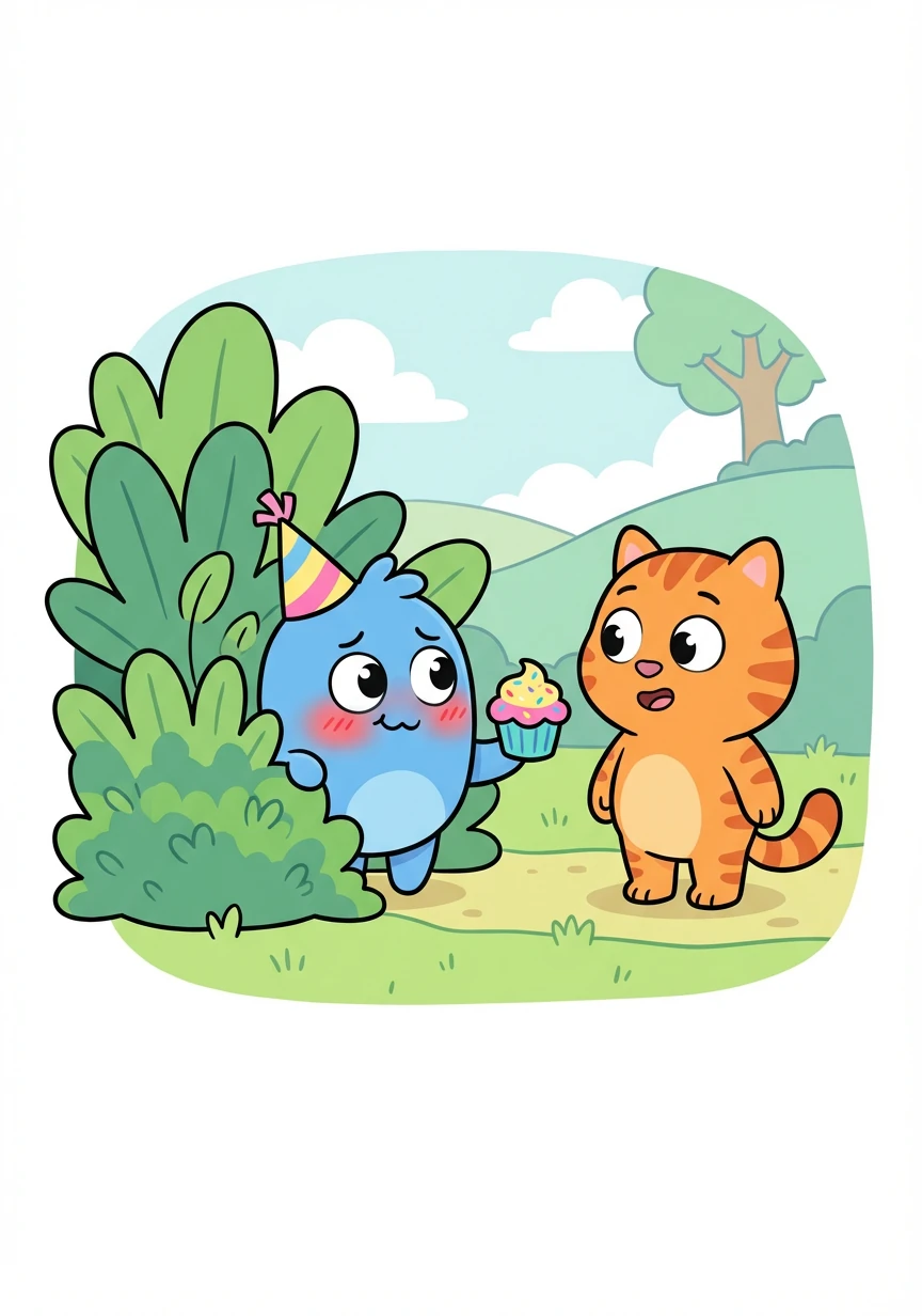 Cadence peeks out and sees Francis. He nervously offers Francis a cupcake, a shy smile spreading across his face.