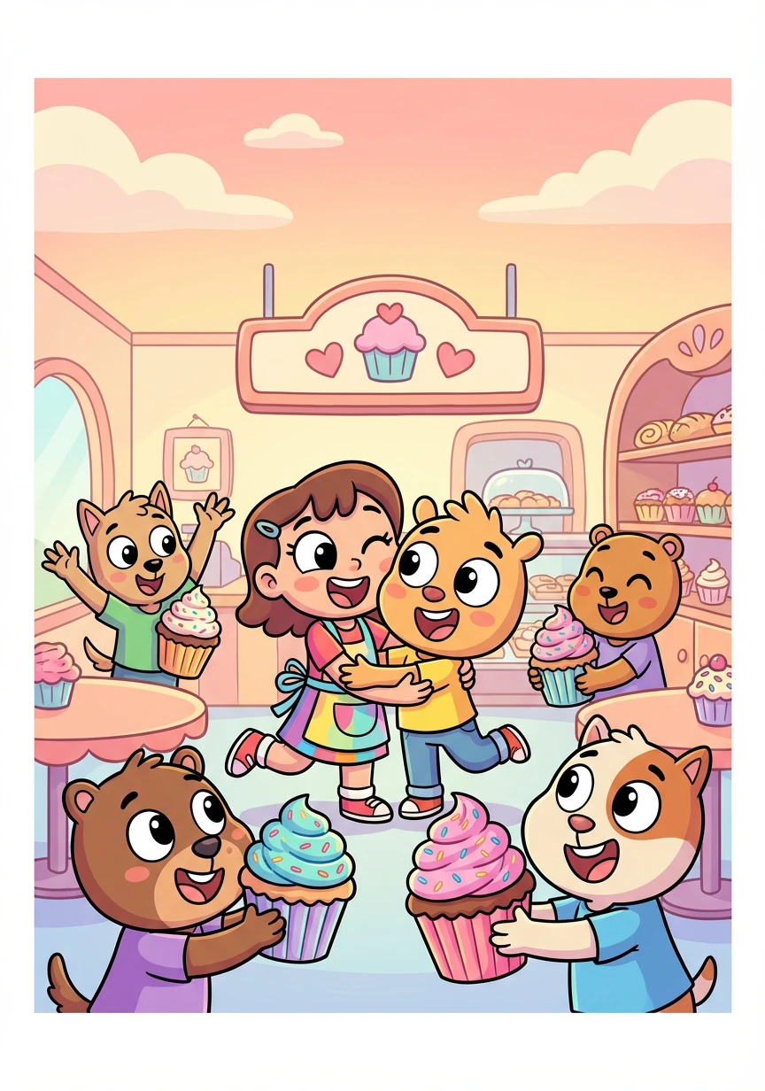 Cadence and Francis, surrounded by friends and cupcakes, celebrate their love and the happiness they've found together. Their bakery becomes a symbol of love and acceptance in their town.
