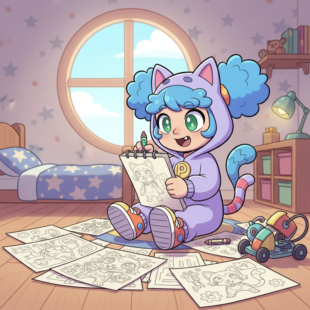 Young Mewton, with bright, curious eyes, sat amidst a colorful jumble of sketches and blueprints in his cozy room. His biggest dream was to bring his drawings to life, especially the one of a fantastical, fluffy creature he called a 'Pokémon cat'. He imagined all the fun they could have together.