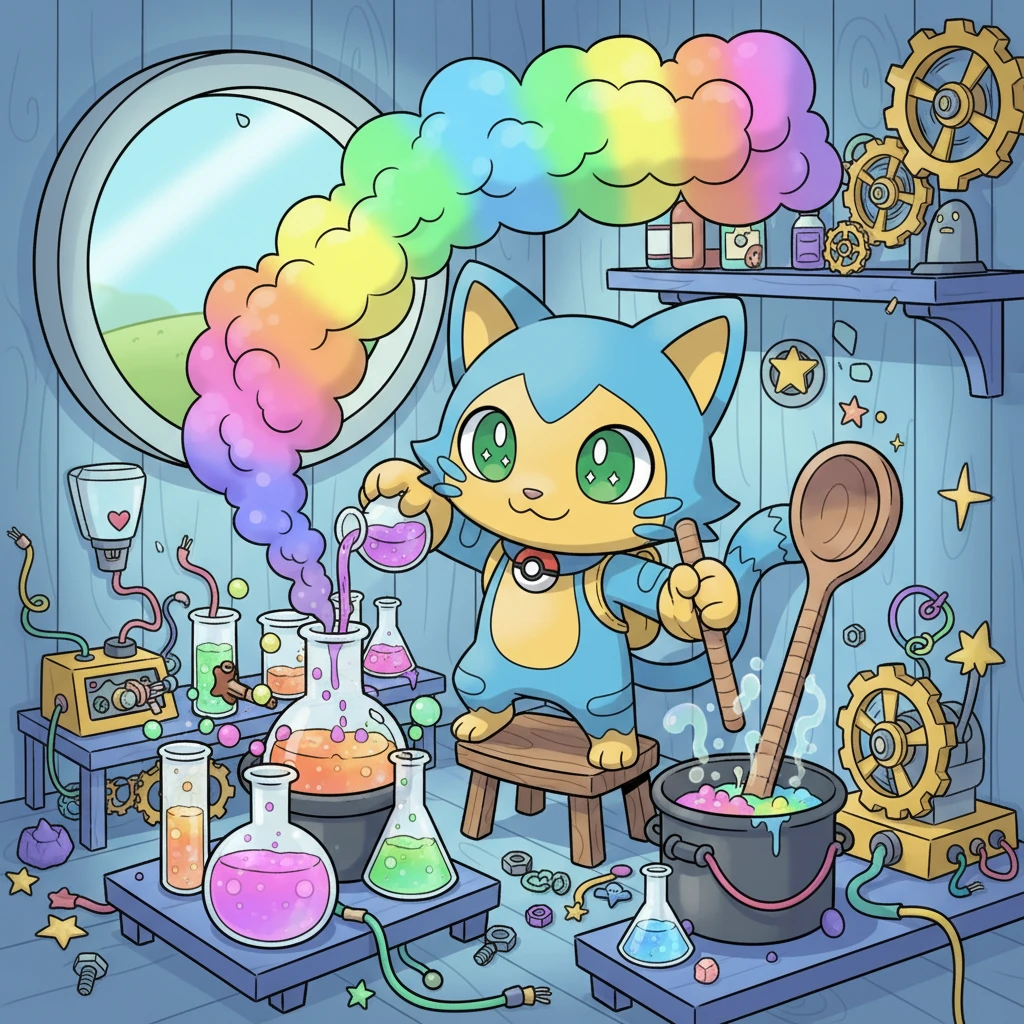 Mewton's tiny workshop, a corner of his room, soon buzzed with activity, filled with bubbling beakers and whirring gears. He poured colorful liquids, twisted wires into funny shapes, and mixed everything with a giant, cheerful spoon. A comical puff of rainbow smoke swirled around his head as he worked diligently.