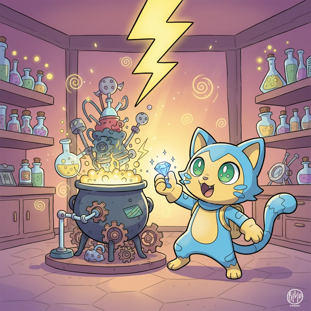 With a dramatic flourish, Mewton added the final, most important ingredient: a tiny, glowing 'sparkle-gem' he'd found on a starry night. Suddenly, a harmless bolt of cartoon lightning zapped his contraption, and a magical, golden glow enveloped the entire room. Mewton watched in awe, his heart thumping with anticipation.