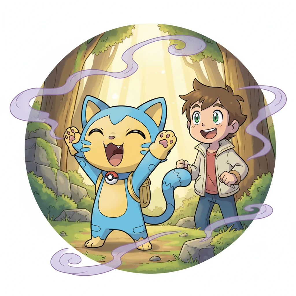 As the magical glow faded, the smoke cleared to reveal the most adorable creature Mewton had ever seen! It was a small, vibrant cat with exaggerated, sparkling eyes and a super fluffy tail, stretching and letting out a tiny, happy yawn. This was Purrfect, Mewton's very own Pokémon cat, looking a little dazed but utterly charming.