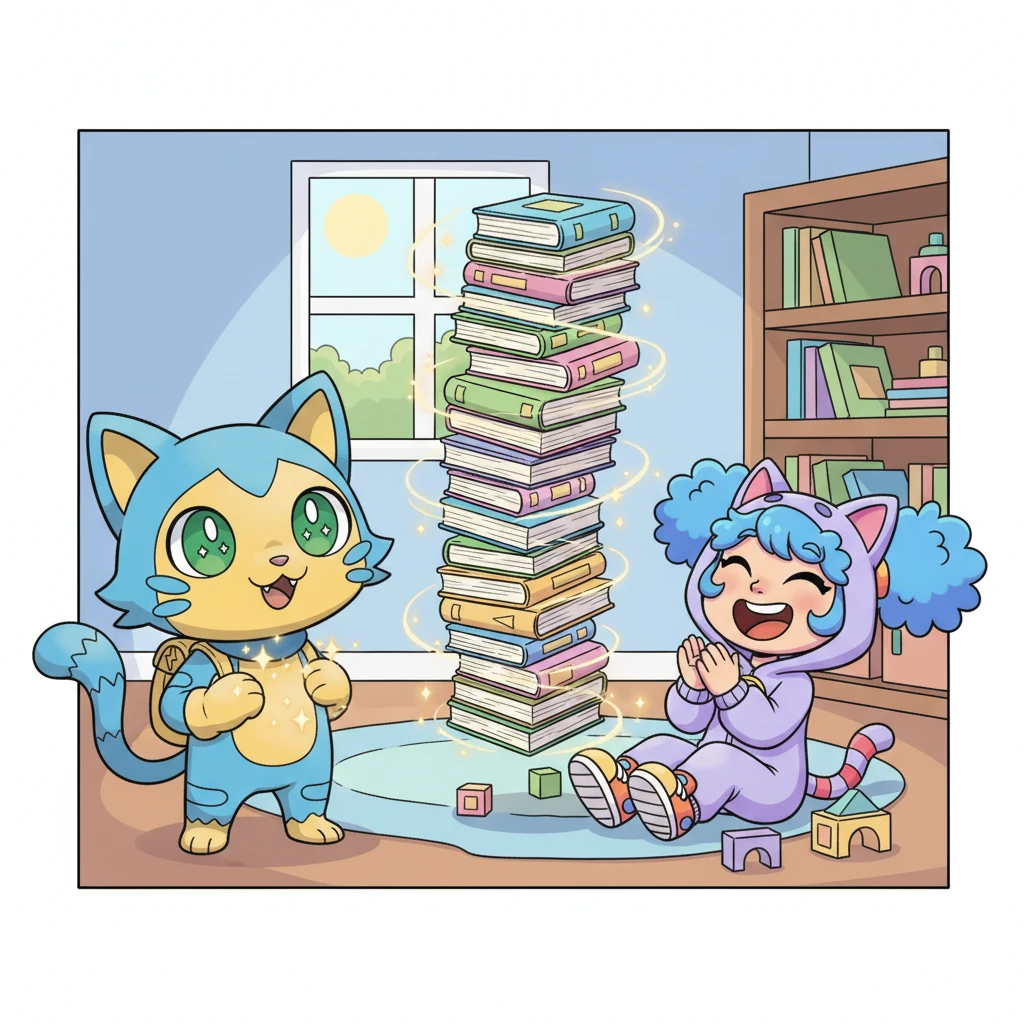 Being a Pokémon cat, Purrfect soon discovered its first 'power': a gentle 'sparkle-purr' that made things float and jiggle. With an accidental twitch of its whiskers, Purrfect made Mewton's tall stack of books float playfully in the air, creating a comical, gravity-defying mess. Mewton giggled, realizing life with Purrfect would never be boring.