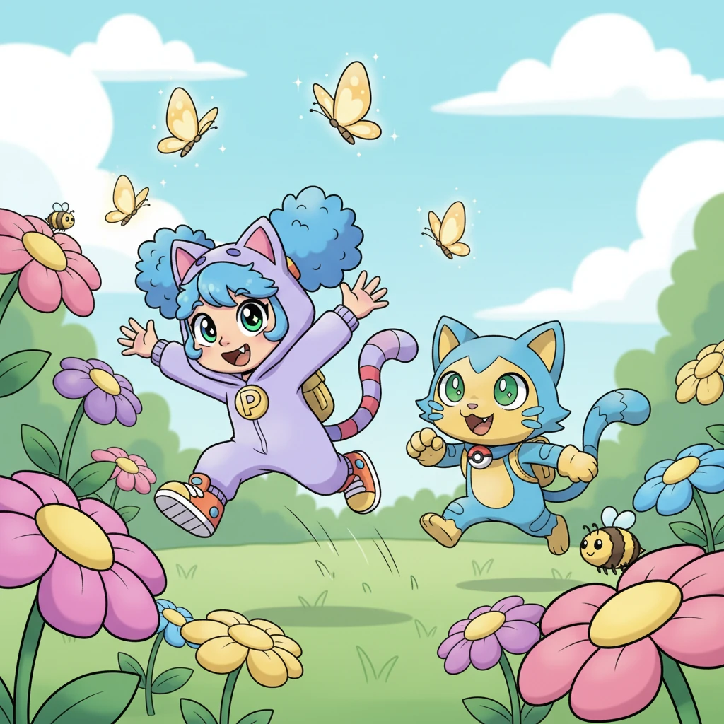 Mewton and Purrfect ventured outside into a vibrant, whimsical garden, bursting with colorful flowers and buzzing bumblebees. Purrfect chased sparkling butterflies with boundless energy, its fluffy tail swishing with excitement, while Mewton tried his best to keep up, smiling happily at his unique companion.