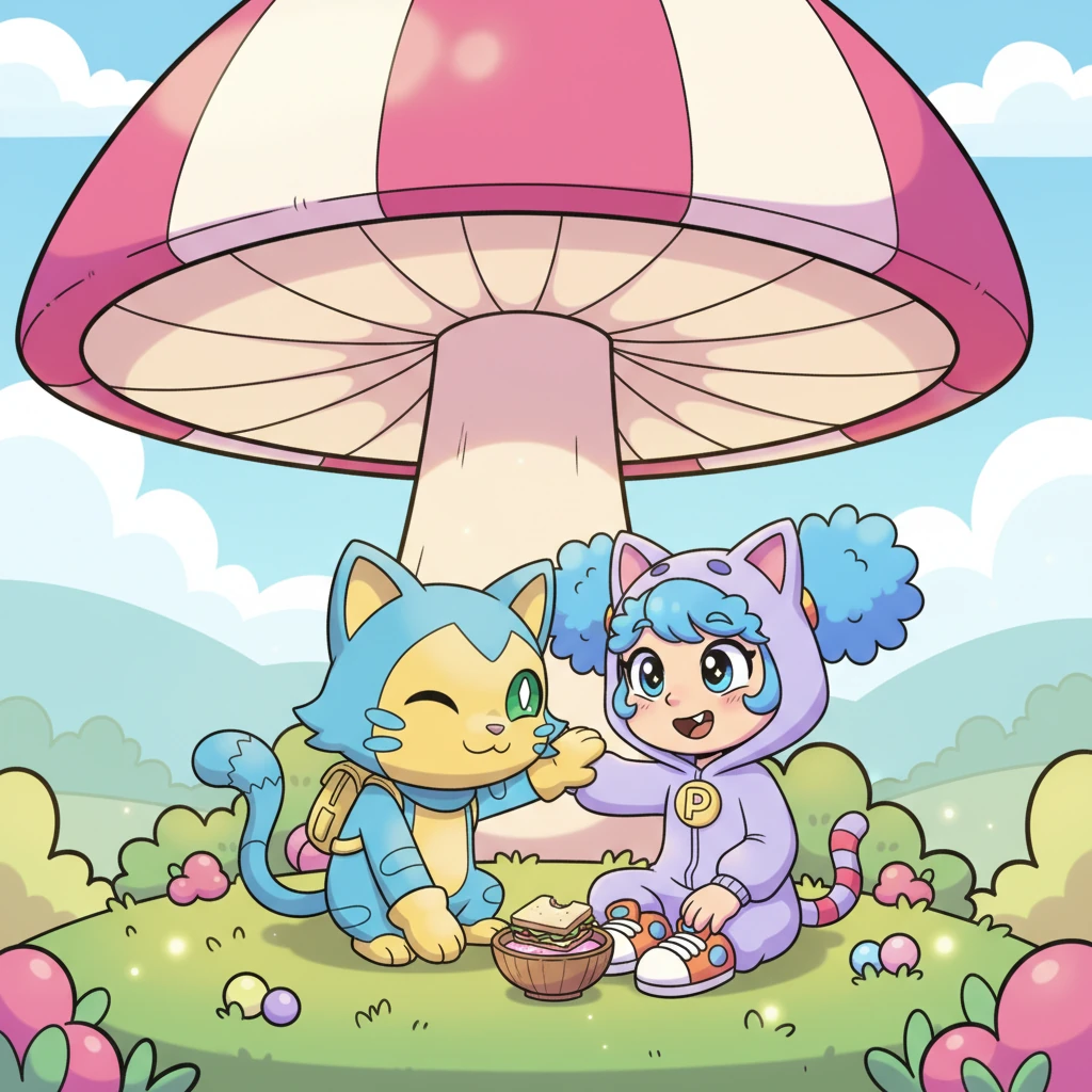 Under the shade of a giant, candy-striped mushroom, Mewton and Purrfect shared a tiny sandwich and a bowl of 'berry milk'. Purrfect purred contentedly, rubbing its head against Mewton's arm, showing their growing bond. It was a perfect moment of friendship and shared joy.