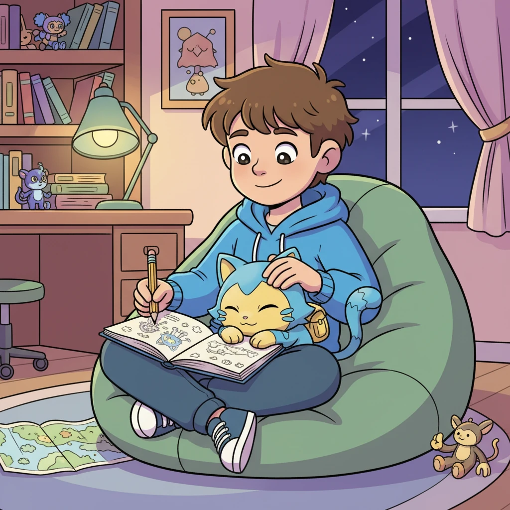 Back in Mewton's room, Purrfect curled up comfortably on Mewton's lap as he sketched new adventures for them in his notebook. Mewton gently petted his unique Pokémon cat, knowing they would have many more amazing times together, exploring, playing, and dreaming up endless fun.