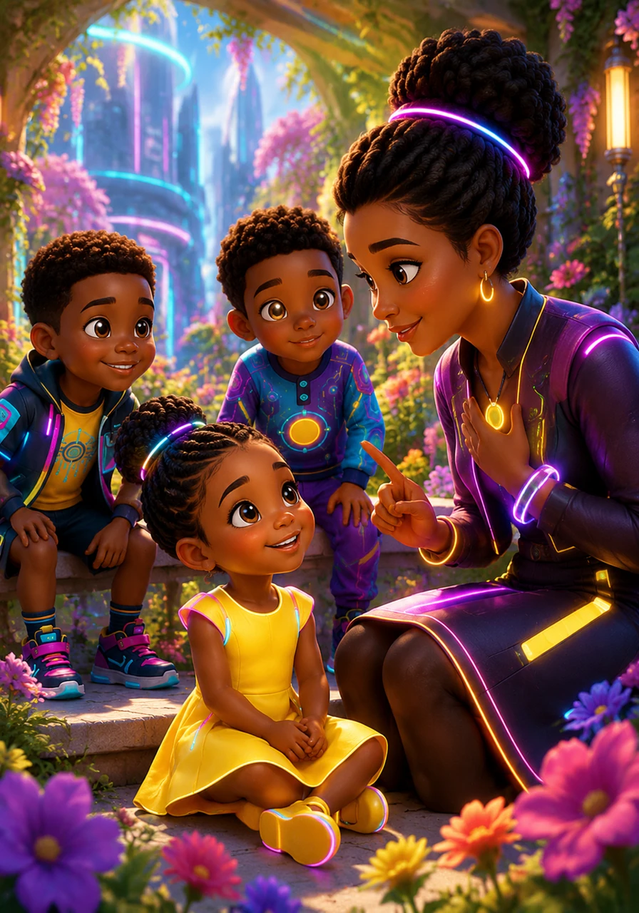 In a lush garden filled with blooming flowers and soft sunlight, young Abby looks up at her mother with curious eyes. She asks what it means to have a good heart, and her mother explains that it is being kind, brave, and loving. Abby smiles brightly, deciding right then that she wants a good heart too.