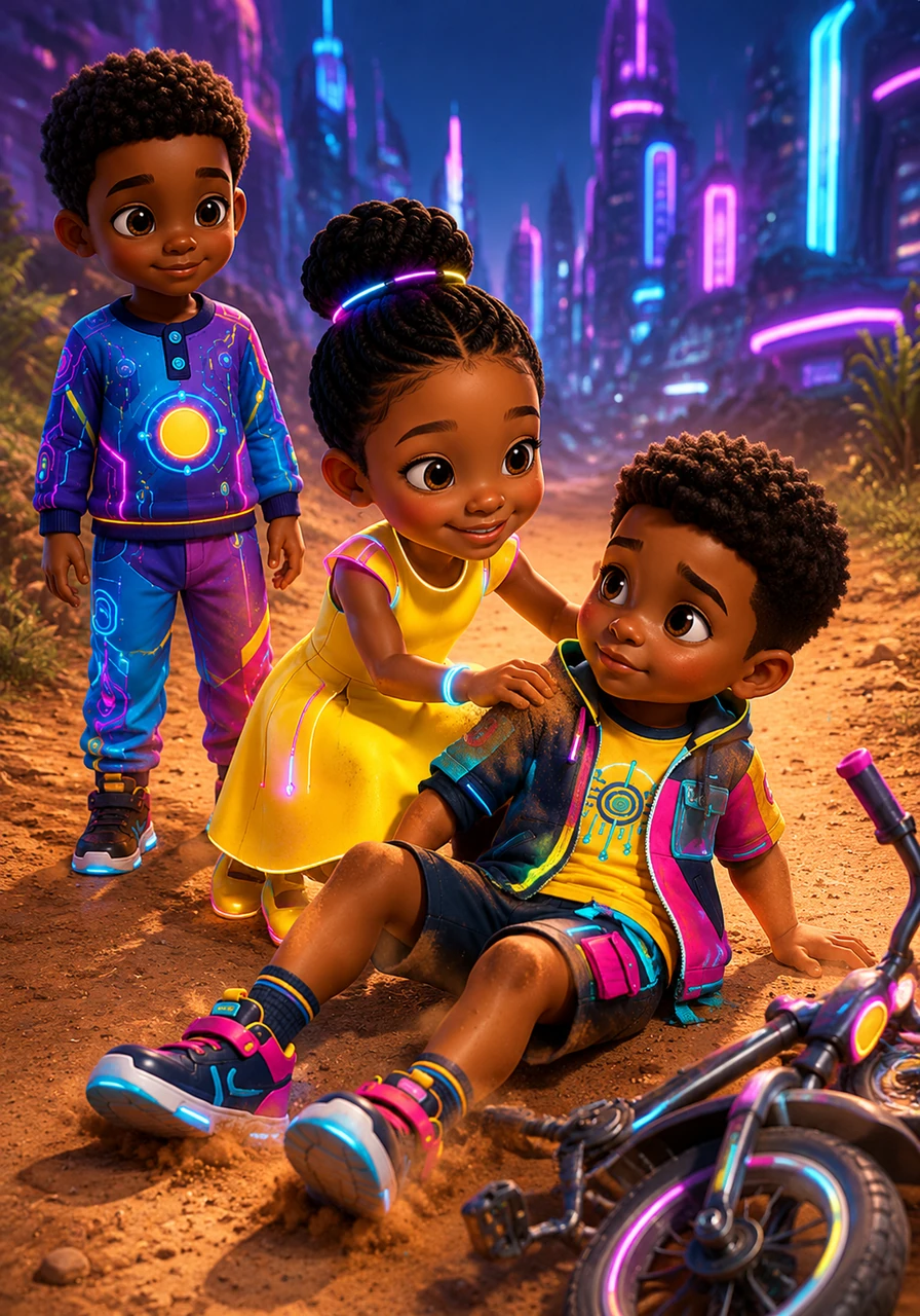 When Leon takes a tumble from his bicycle on the dusty path, Abby rushes over with a warm smile to help him up. She gently brushes the dirt off his clothes and asks if he is okay, showing that even a small act of kindness can turn a sad moment into a happy one.