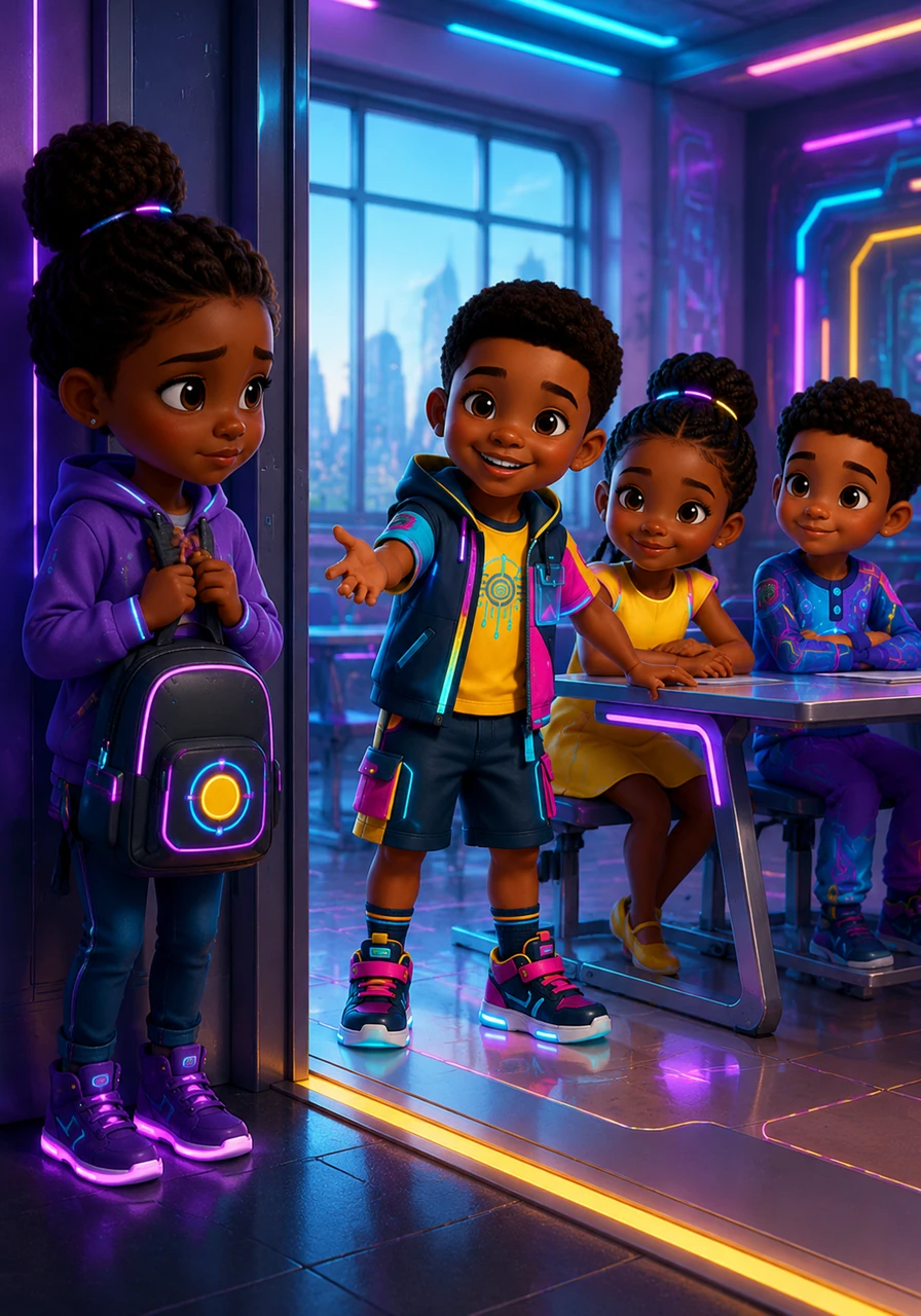 At the classroom door, a new student named Lea stands shyly, clutching her bag and feeling unsure in her new surroundings. Joshua notices her and brightly invites her to come sit with them, making her feel instantly welcomed and safe among her new friends.
