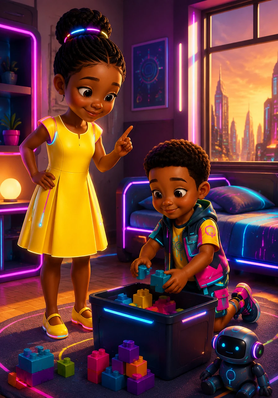 As the golden evening light fills the room, Samuel’s mother tells him it is time for bed. Though he wants to keep playing with his colorful blocks, Samuel chooses to listen with love and trust, tucking his toys away and saying a sweet goodnight to them.