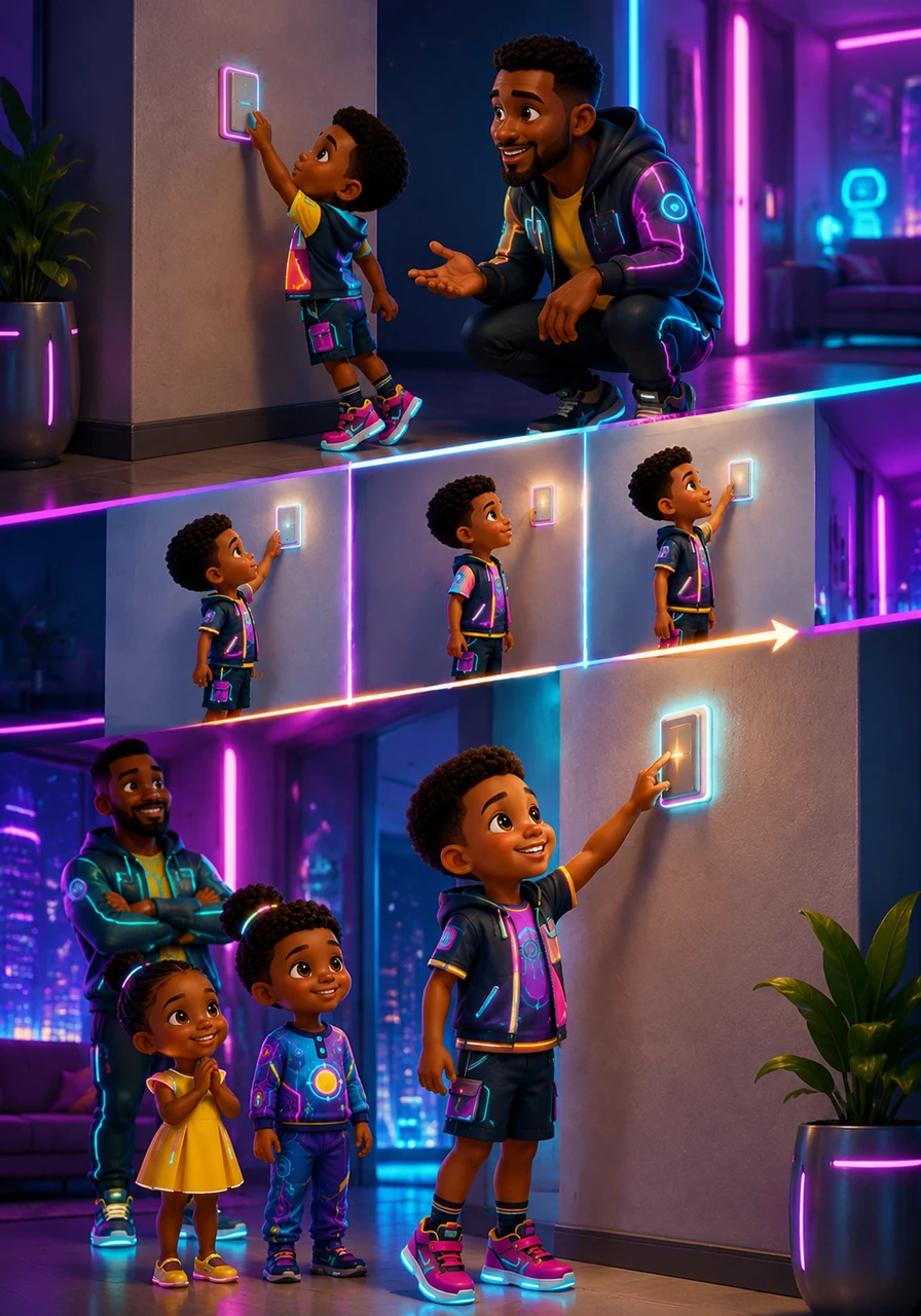 Little Noa stretches as high as he can on his tiptoes, but he is still too short to reach the light switch. With his father’s encouraging words about how beautiful things take time, Noa waits and grows until the day he finally reaches the switch all by himself.