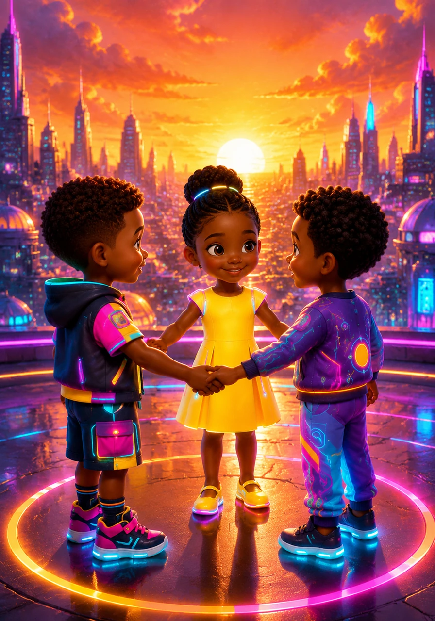 Under the glowing orange sky of a beautiful sunset, all the children hold hands in a circle of friendship and unity. They promise to keep their hearts good and be a bright light of love, kindness, and peace for the whole world to see.