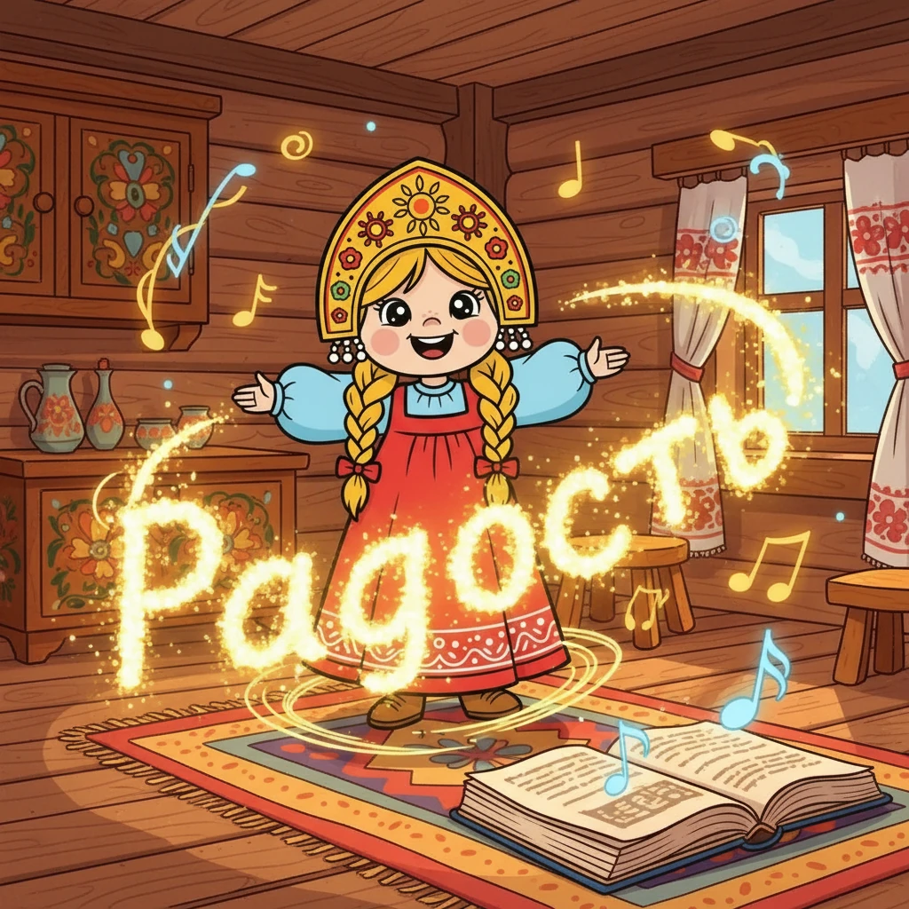 Из книги выпрыгнуло слово "Радость", похожее на яркий солнечный зайчик. Оно закружилось вокруг Маши, наполняя комнату смехом и весельем. Маша почувствовала прилив энергии и захотела танцевать!