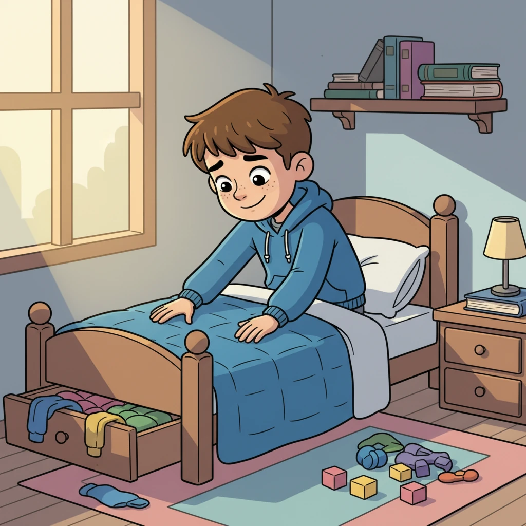 The next morning, a determined Leo makes their bed neatly, a small, proud smile on their face. The room still looks a bit chaotic, but this one clean corner shines brightly, a tiny victory.