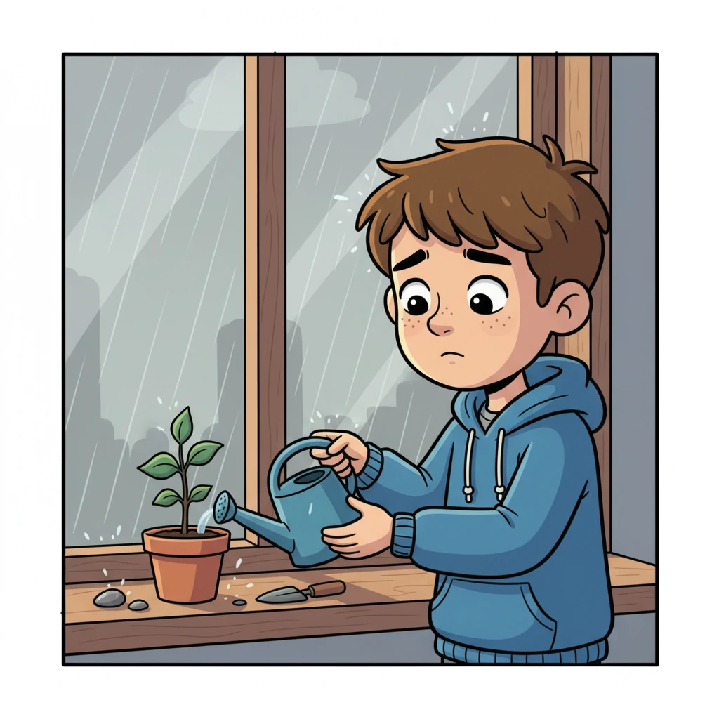 Days turn into weeks. Leo is shown diligently watering a small potted plant on their windowsill, a parallel to their own growing habits. Rain streaks down the windowpane, reflecting a momentary gloom on Leo's face, hinting at a struggle with consistency.
