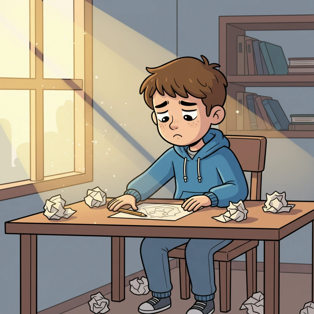 Leo sits alone, staring at a half-finished drawing, a look of frustration and self-doubt on their face. Crumpled papers lie around, showing failed attempts. The room feels dim, emphasizing the feeling of being stuck.