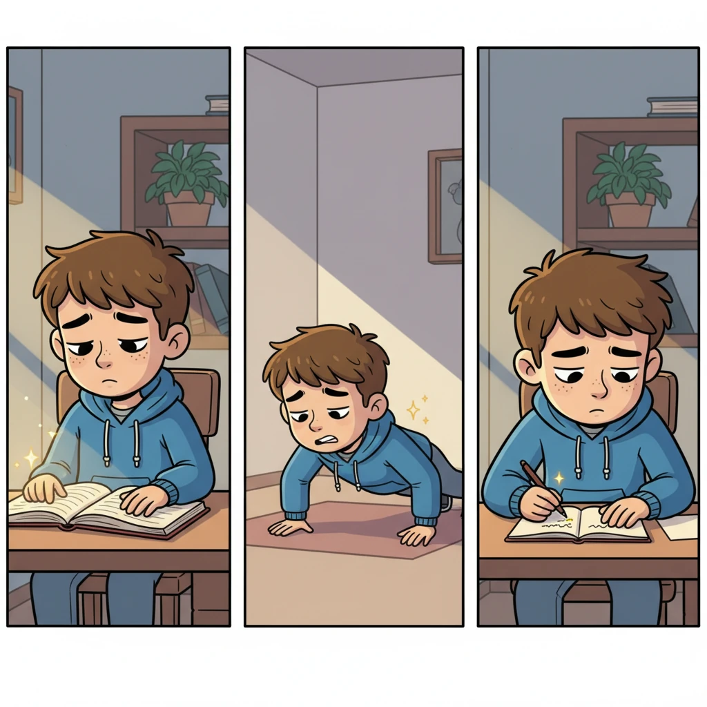 Despite feeling tired, Leo pushes through. A montage shows them doing various small tasks: reading one page, doing a single push-up, writing one sentence. Each action is accompanied by a tiny spark of effort, even when their expression is weary.