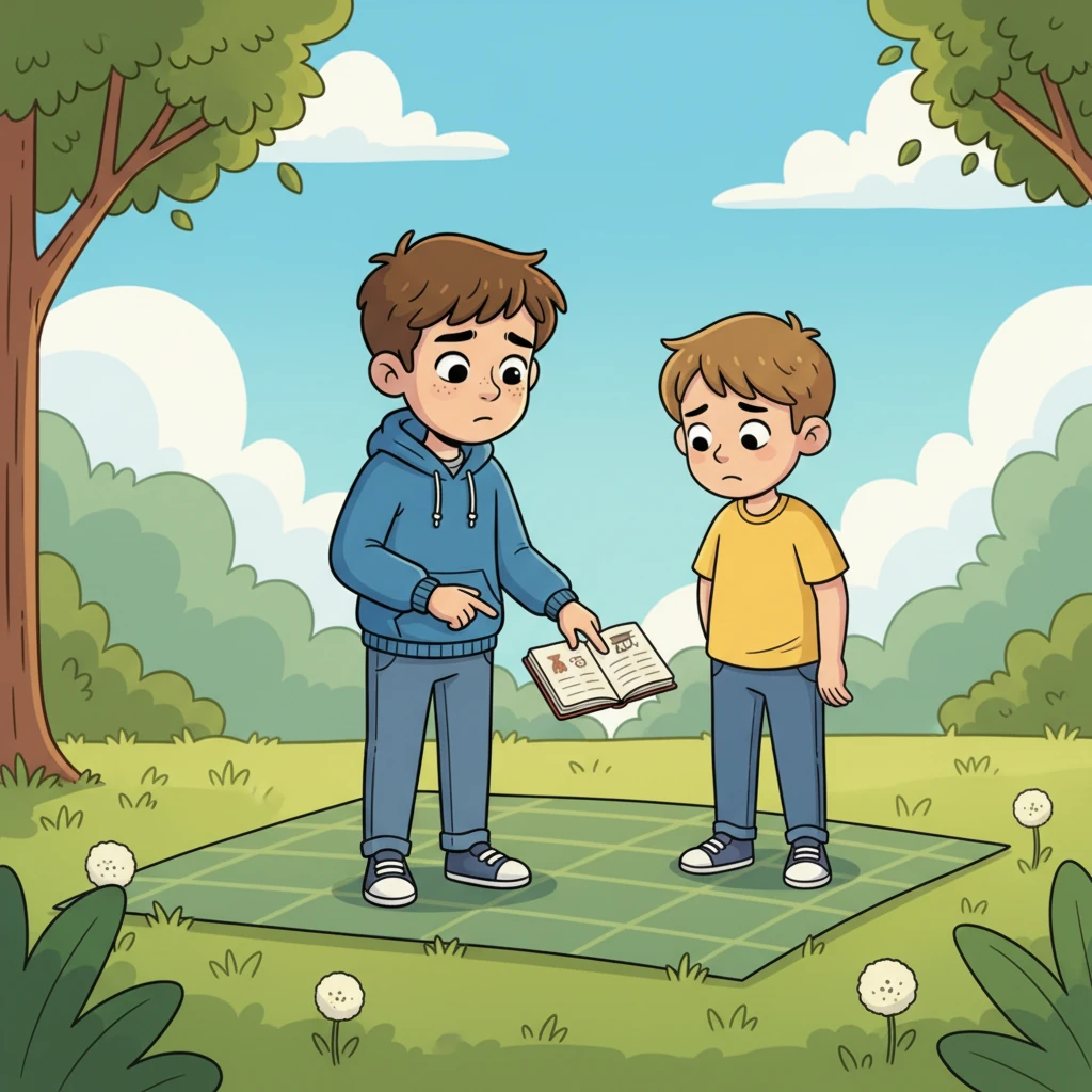 A friend invites Leo to play games, but Leo politely declines, pointing to their journal. The friend looks a little disappointed but understanding. This scene highlights the choice Leo makes to prioritize their habits.