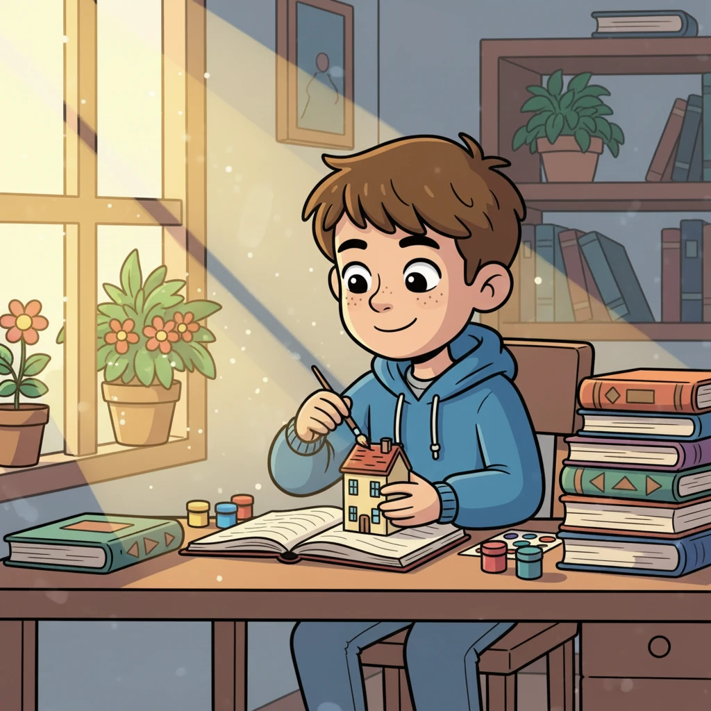 Weeks later, Leo is seen with improved posture and a more confident smile. They are effortlessly working on a project, their desk much tidier. The potted plant on the windowsill is now vibrant and full.