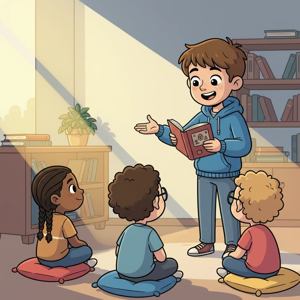 Leo presents their completed project (perhaps a story, a drawing, or a small invention) to a small, admiring audience. Their eyes sparkle with pride and accomplishment. The room is brightly lit, reflecting their success.