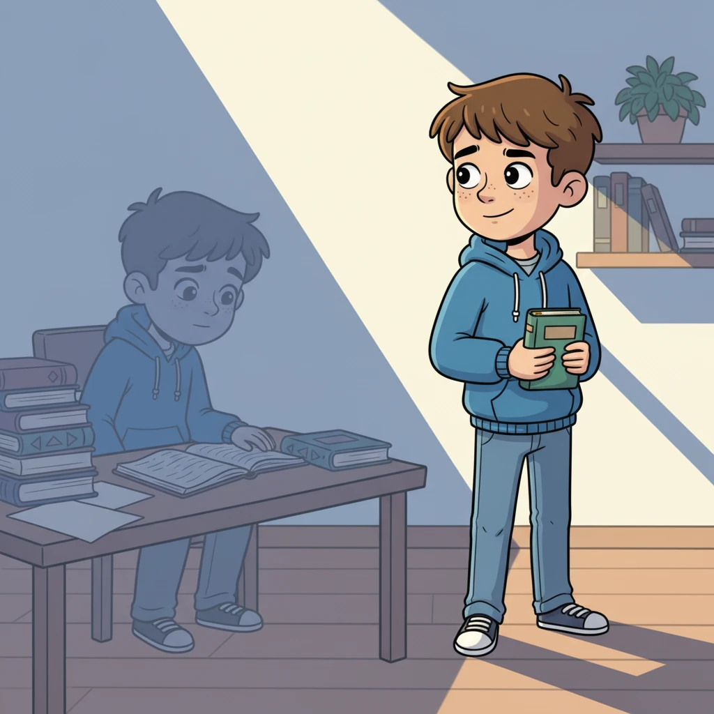 Leo stands confidently, holding their now-full journal. They look back at a hazy, shadowy version of their past self, still sitting at the messy desk. The contrast is stark, showing how far they've come.