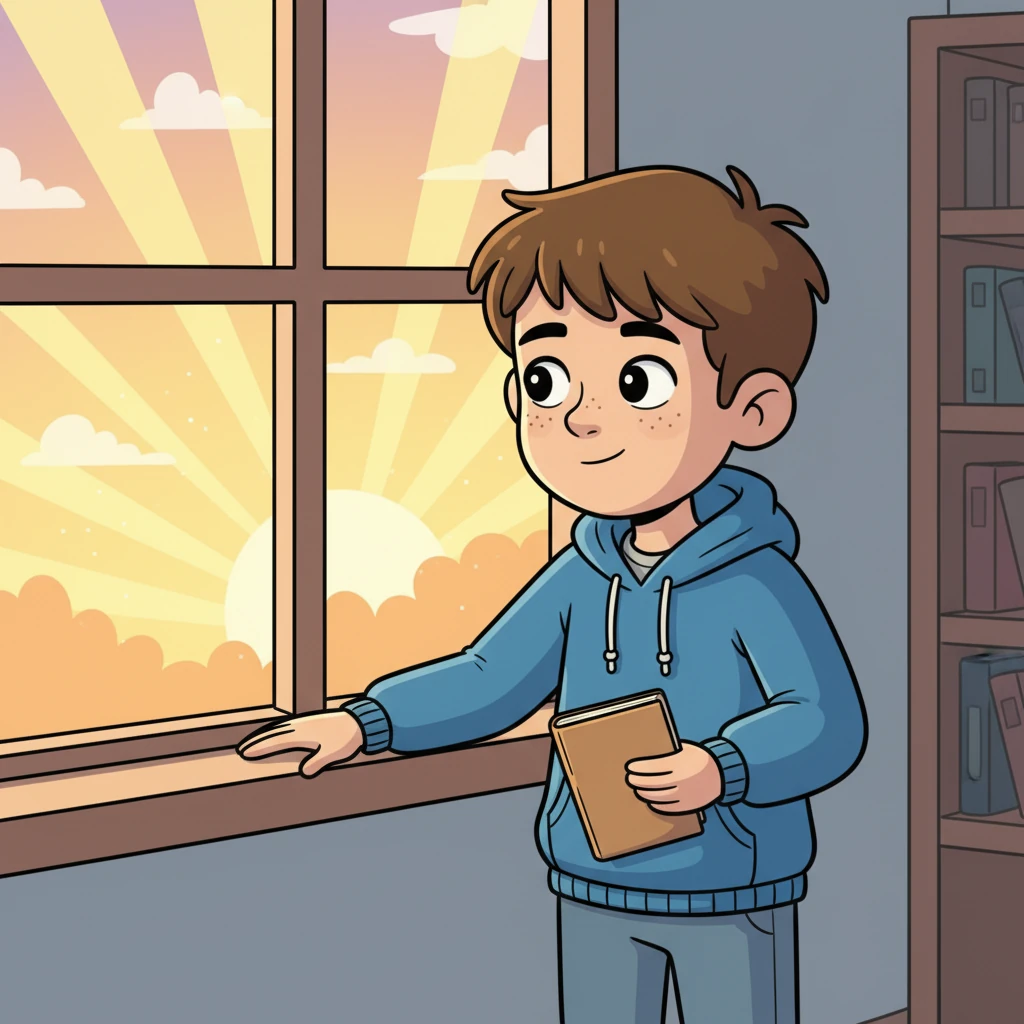 Leo, now radiating quiet strength, gazes out a window at a beautiful sunrise, holding a new, empty journal ready for new adventures. Text on the final page reads: 'Consistency. Your superpower.'