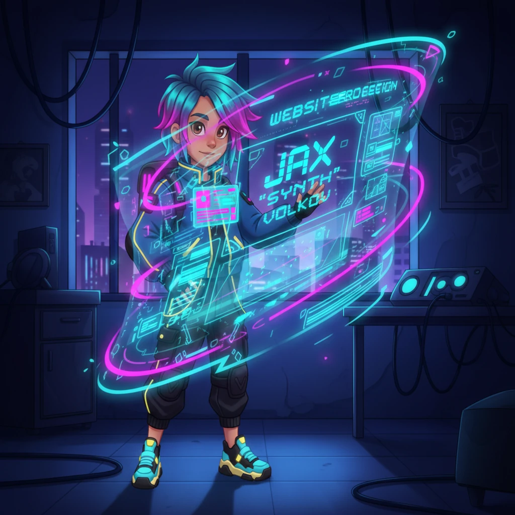 In his dimly lit, neon-infused apartment, Jax 'Synth' Volkov stares at a swirling holographic blueprint of a website's hero section. Electric blue and purple light reflects off his focused eyes as he envisions a full-screen display, his name shimmering in digital script. This is the genesis of his hackathon masterpiece, a canvas ready for innovation.