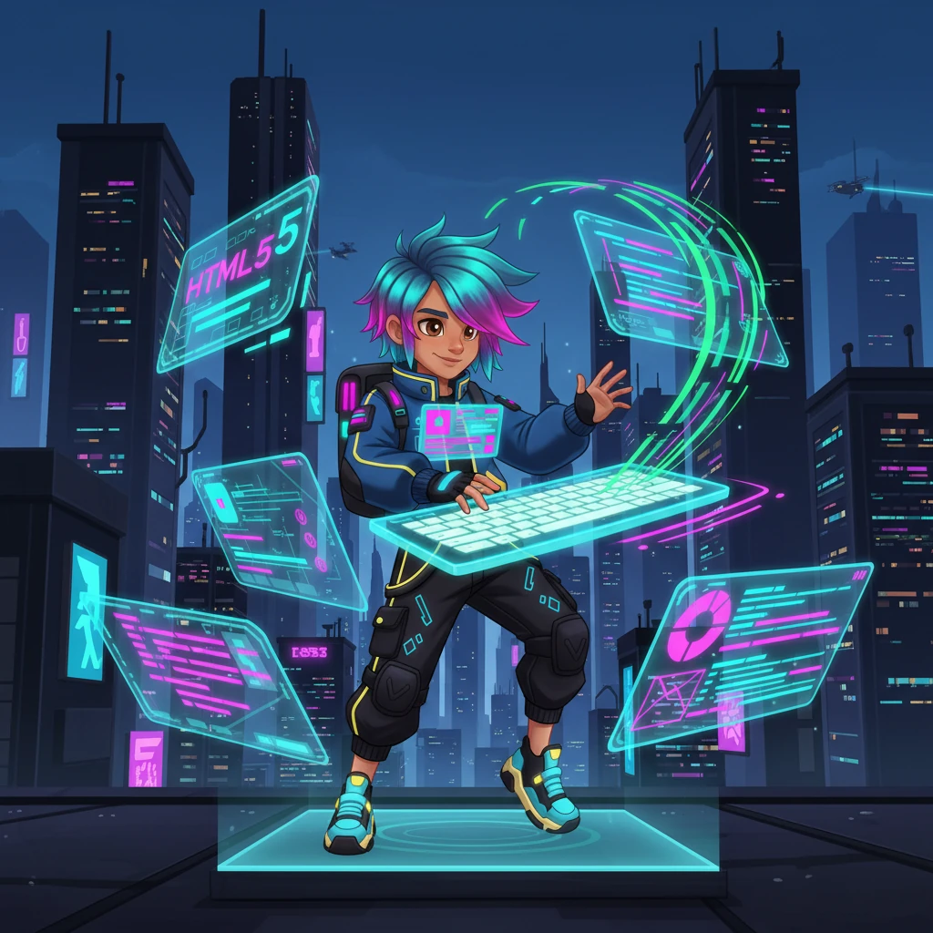 With a determined flick of his wrist, Jax initiates the core coding sequence. Lines of electric green and magenta syntax stream across multiple translucent screens, his fingers dancing across a holographic keyboard. He meticulously crafts the HTML5 structure and CSS3 styling, laying the responsive foundation for his digital identity.