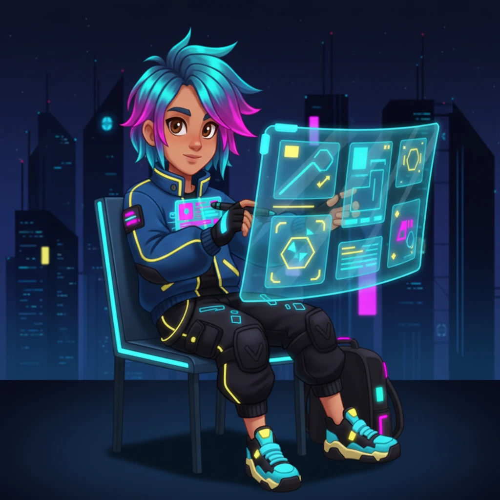 Jax shifts to design mode, his stylus gliding across a flexible digital canvas, sketching out sleek UI elements. He meticulously applies glassmorphism effects, creating translucent panels that shimmer with depth and light against a dark, futuristic backdrop. Every curve and gradient is carefully considered to evoke a sense of modern elegance.