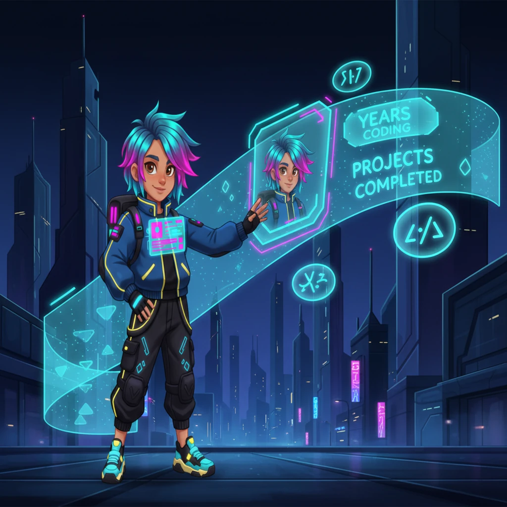 A holographic timeline unfurls beside Jax, charting his journey through the digital landscape. He integrates his professional profile, a vibrant image of himself appearing within a sleek frame. Animated statistics, glowing in electric blue, pop up, showcasing his years coding and projects completed, a testament to his dedication.