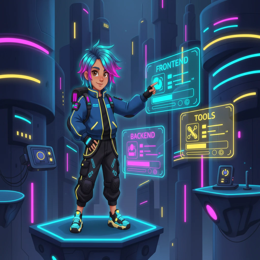 The skills section materializes, a dynamic display of his expertise. Interactive skill cards, glowing with individual neon hues, animate on hover, revealing progress bars that fill with a satisfying digital hum. Frontend, Backend, and Tool categories organize his prowess, each icon pulsing with subtle energy.