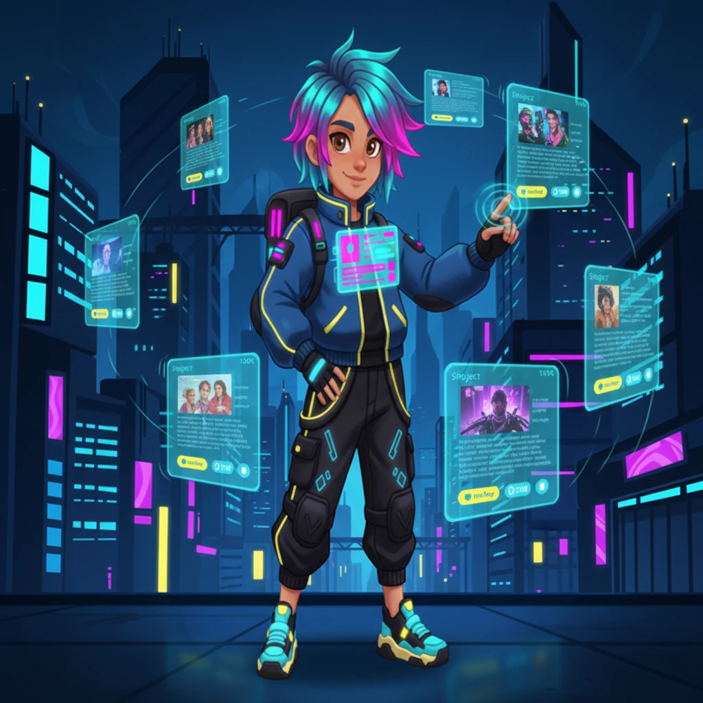 Jax proudly showcases his project gallery, each project a miniature holographic display floating in mid-air. Image previews shimmer, descriptions scroll smoothly, and vibrant links to GitHub and live demos appear with a tap. He tests the filtering system, watching projects rearrange with fluid, satisfying transitions.