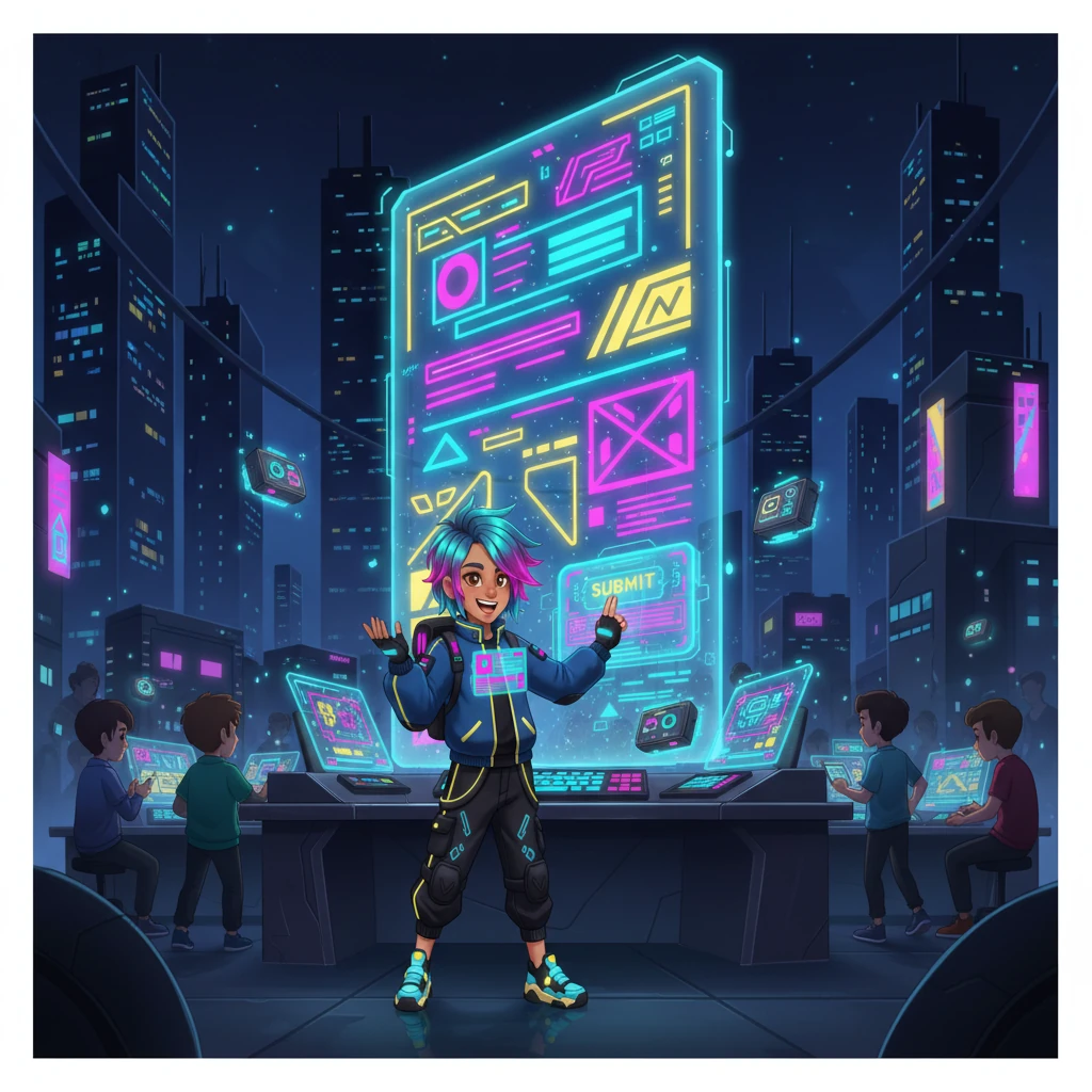 With a final flourish, Jax submits his portfolio to the hackathon judges. His workstation glows with triumphant neon, reflecting the success of his creation. His digital masterpiece, a fusion of art and code, stands ready to captivate, a shining beacon in the vast cyberpunk network.