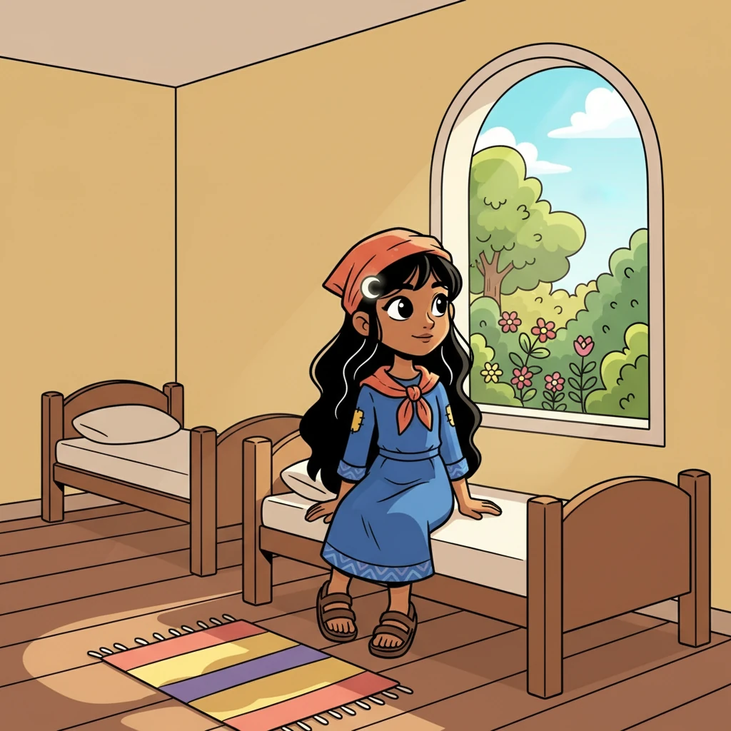 عاشت نجمة في ملجأ كبير، حيث شاركت غرفة صغيرة مع فتيات أخريات. كان لديها سرير خشبي بسيط، ونافذة تطل على حديقة مليئة بالأشجار. كانت تحلم دائماً بعالم أفضل.