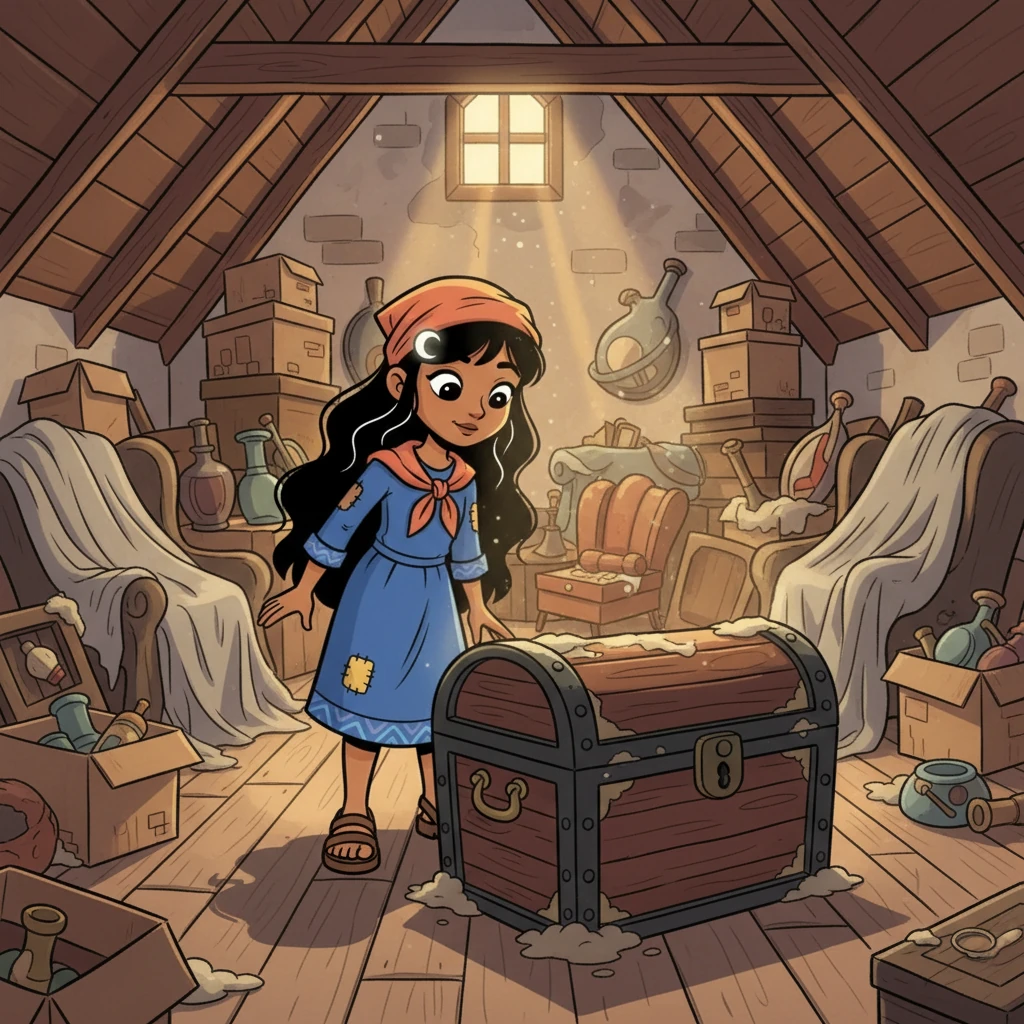 في أحد الأيام، اكتشفت نجمة صندوقاً قديماً في العلية. بدا الصندوق وكأنه يحمل أسراراً. قررت نجمة فتحه، على أمل العثور على شيء مميز.