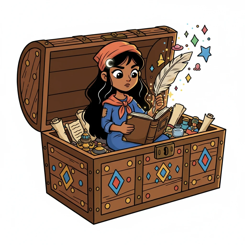 داخل الصندوق، وجدت نجمة دفتر يوميات قديم وقلم ريشة. بدأت في كتابة أحلامها وأمنياتها، مستخدمة القلم والريشة لكتابة قصصها الخاصة.