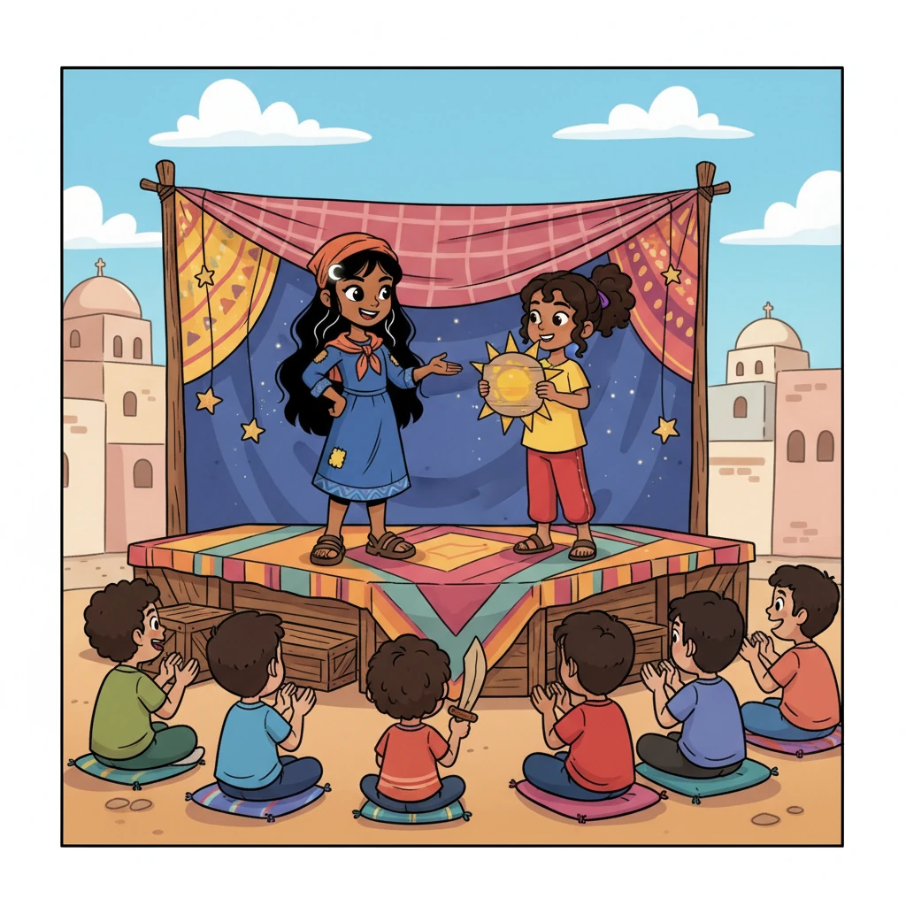 في يوم من الأيام، قررت نجمة وليلى تنظيم عرض مسرحي للأطفال الآخرين في الملجأ. عملتا معاً على إعداد الأزياء والديكور، وكان العرض ناجحاً.