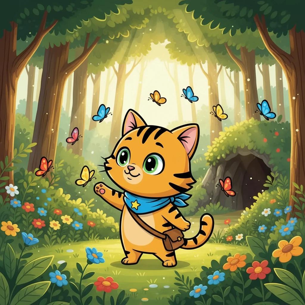 Piko, seekor kucing kecil berbulu putih, sedang bermain di tepi hutan yang rimbun. Matahari bersinar cerah, dan kupu-kupu beterbangan di sekitarnya. Ia merasa sangat gembira, tidak menyadari bahaya yang mengintai.