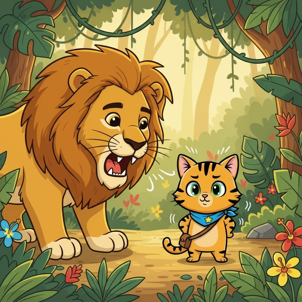 Raja Singa mendekati Piko dan mengaum. Piko gemetar, tetapi ia memutuskan untuk tidak lari. Ia menatap mata singa dengan berani, mencoba menunjukkan bahwa ia tidak takut.