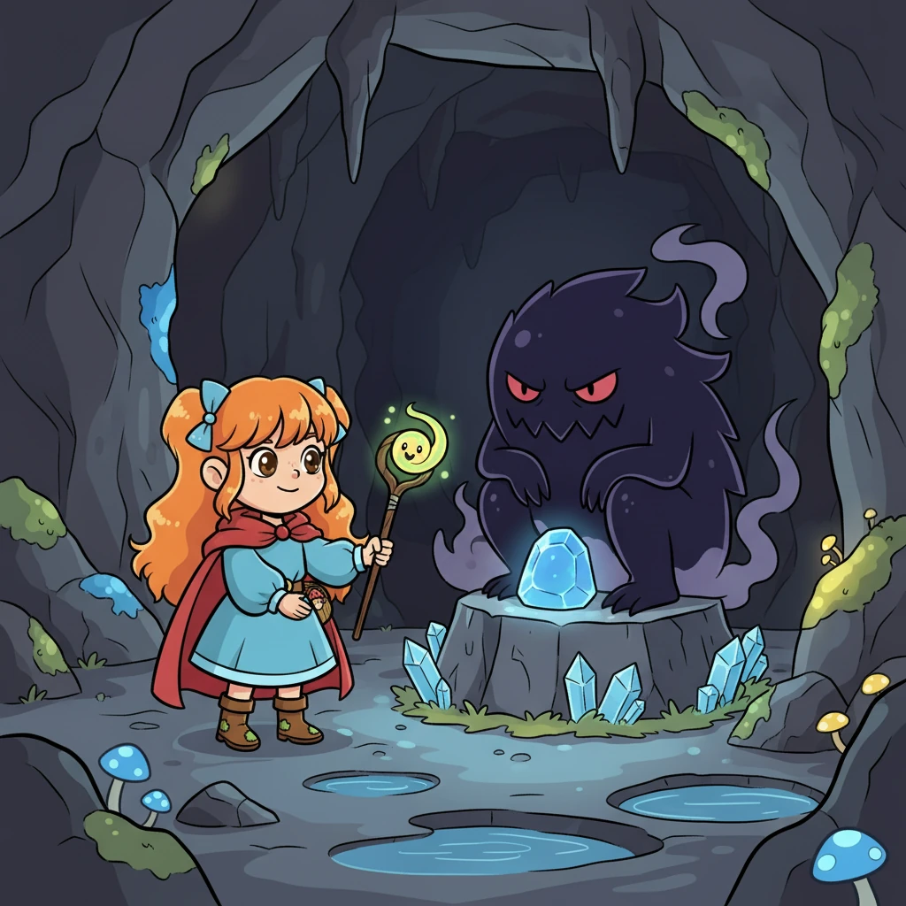 Deep within a dark cave, Elara found the lost magic stone, guarded by a grumpy, shadowy creature. Remembering the fairy's words, she spoke to it with kindness and understanding.