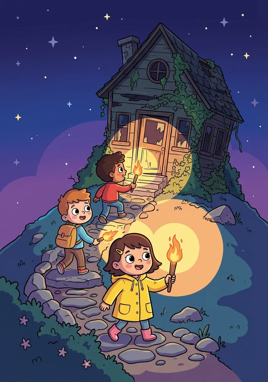 The kids, led by Maya, entered the abandoned old house, which stood wrecked at the top of the rocky hill, with torches in hand.