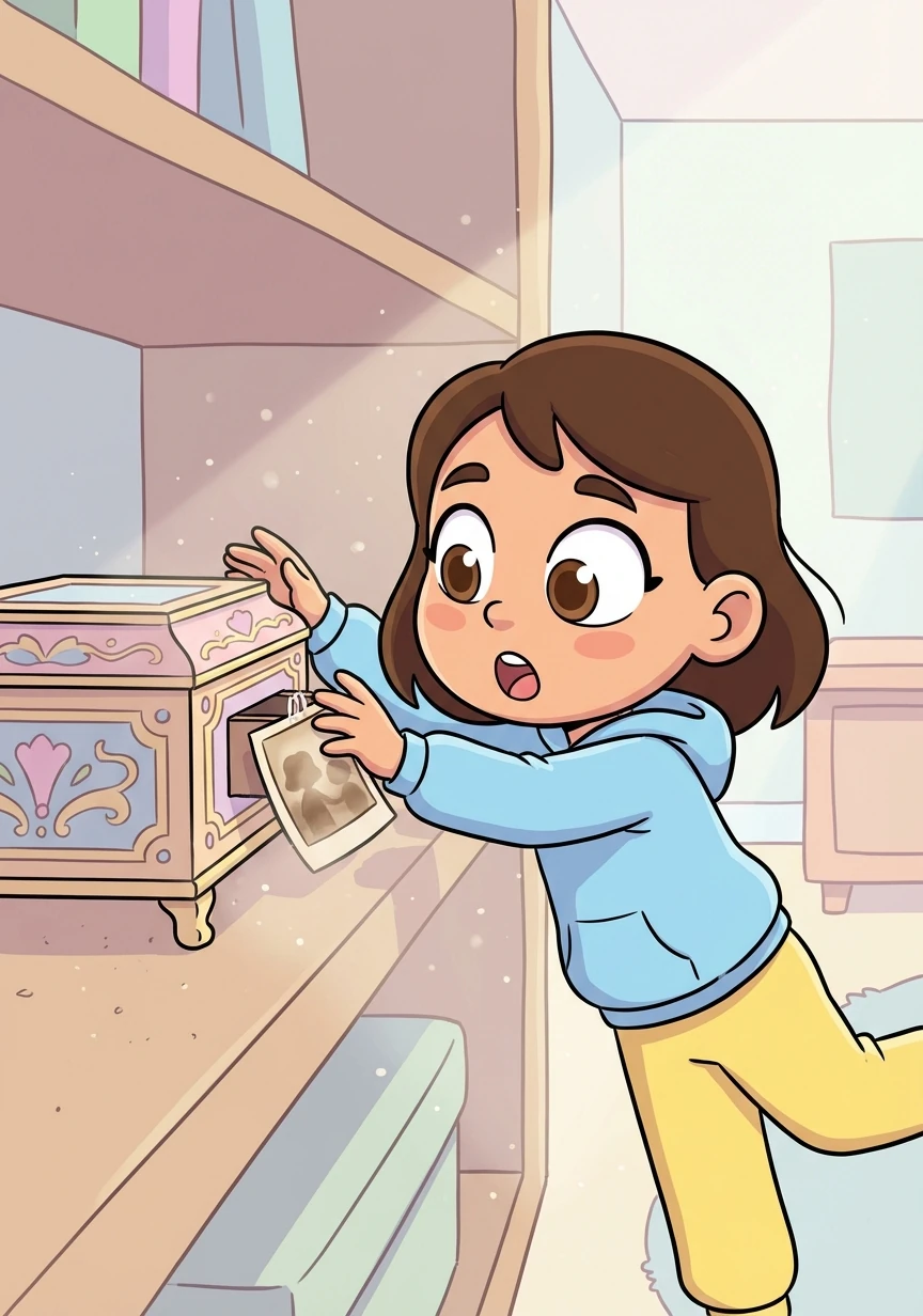 As Maya reached out to touch the music box, a hidden compartment sprung open, revealing a faded photograph.