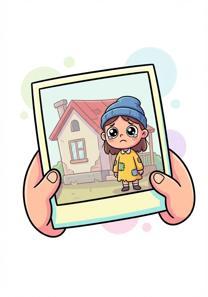 The photograph showed a young girl, her eyes filled with sadness, standing in front of the very house they were in.