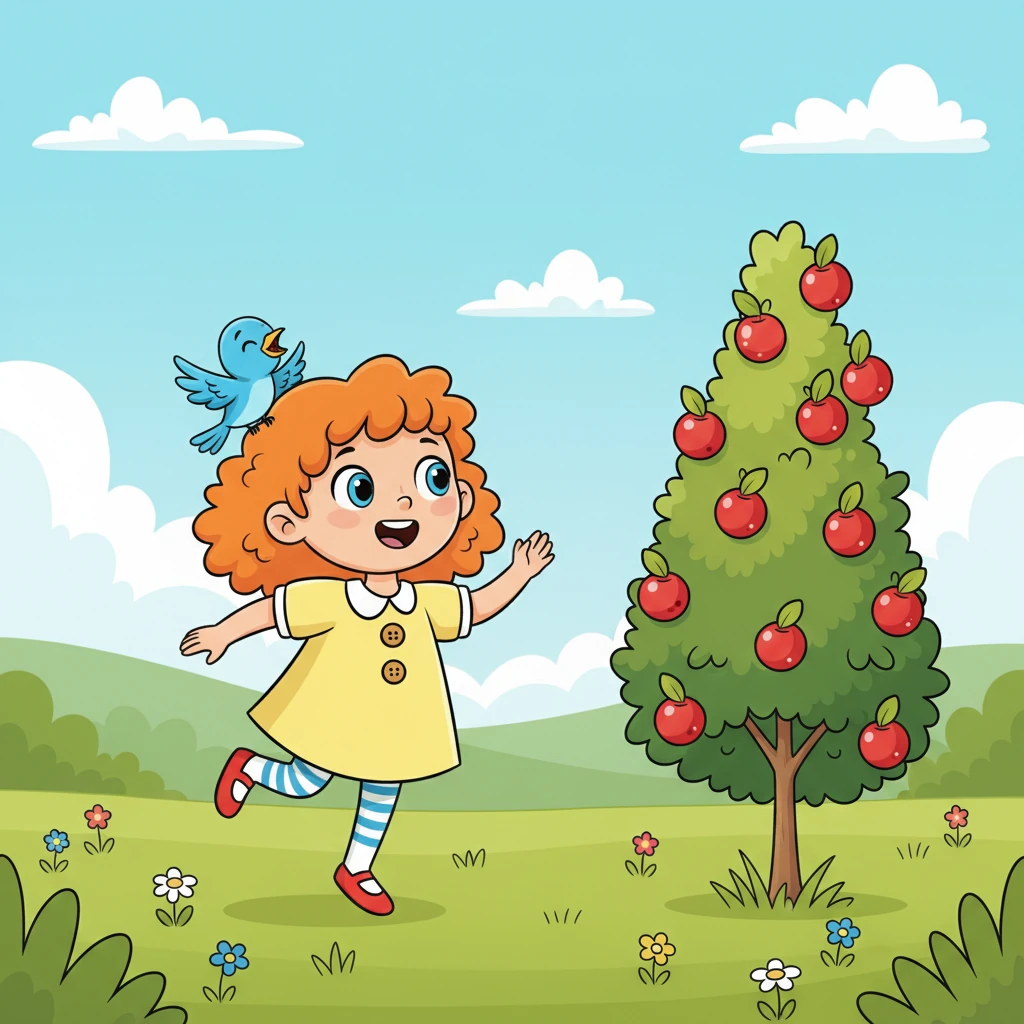 Lily, a bright-eyed girl with a sunny yellow dress, skipped through a meadow, her tiny bird friend, Pip, chirping happily on her shoulder. They spotted a magnificent, tall berry bush, bursting with big, red, ripe berries, glistening in the sun. Lily's eyes widened with excitement, and Pip fluttered his wings in delight.