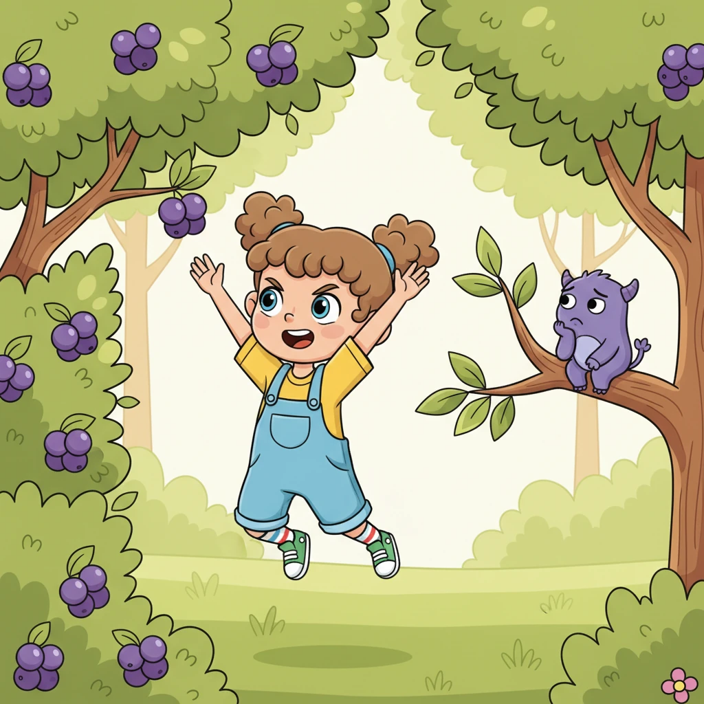 Lily tried her best to reach the highest, juiciest berries, stretching and jumping with all her might. Her arms were too short, and the bush was just too tall for her to grab the plumpest ones. Pip watched from a nearby branch, a thoughtful look on his tiny face.