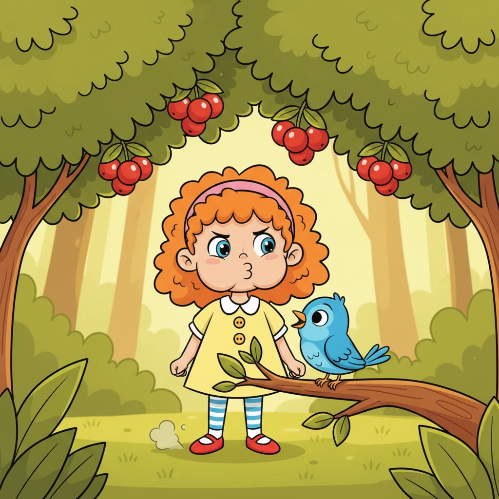 Frustration started to bubble up inside Lily. She stomped her foot gently, puffing out her cheeks. "Oh, these berries are too high!" she sighed. Pip flew closer, landing on a low branch, and chirped a series of soft, encouraging tweets, as if suggesting an idea.