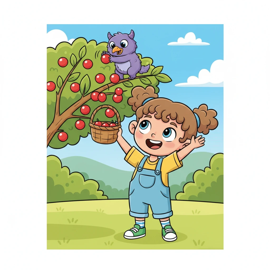 With a bright smile, Lily nodded. Pip, quick as a flash, flew to the very top branches of the bush. He gently nudged the ripest berries with his beak, making them tumble down. Lily, with her basket held high, giggled as she caught each one.