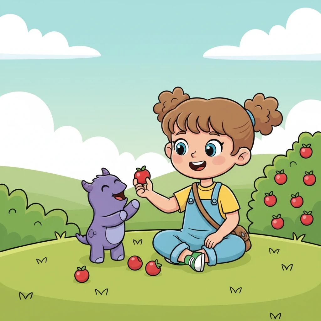 Lily and Pip sat down in the soft grass beside the berry bush. Lily carefully picked out the biggest, juiciest berry and offered it to Pip, who happily pecked at it. They shared the rest of the berries, munching contentedly, their hearts full of friendship.