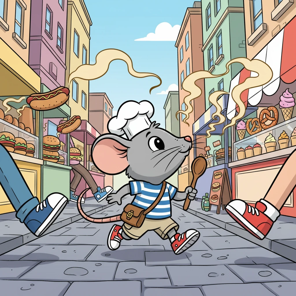 He navigated the bustling streets, dodging the occasional human foot. The aroma of delicious street food filled the air, guiding his way. His nose twitched with anticipation.